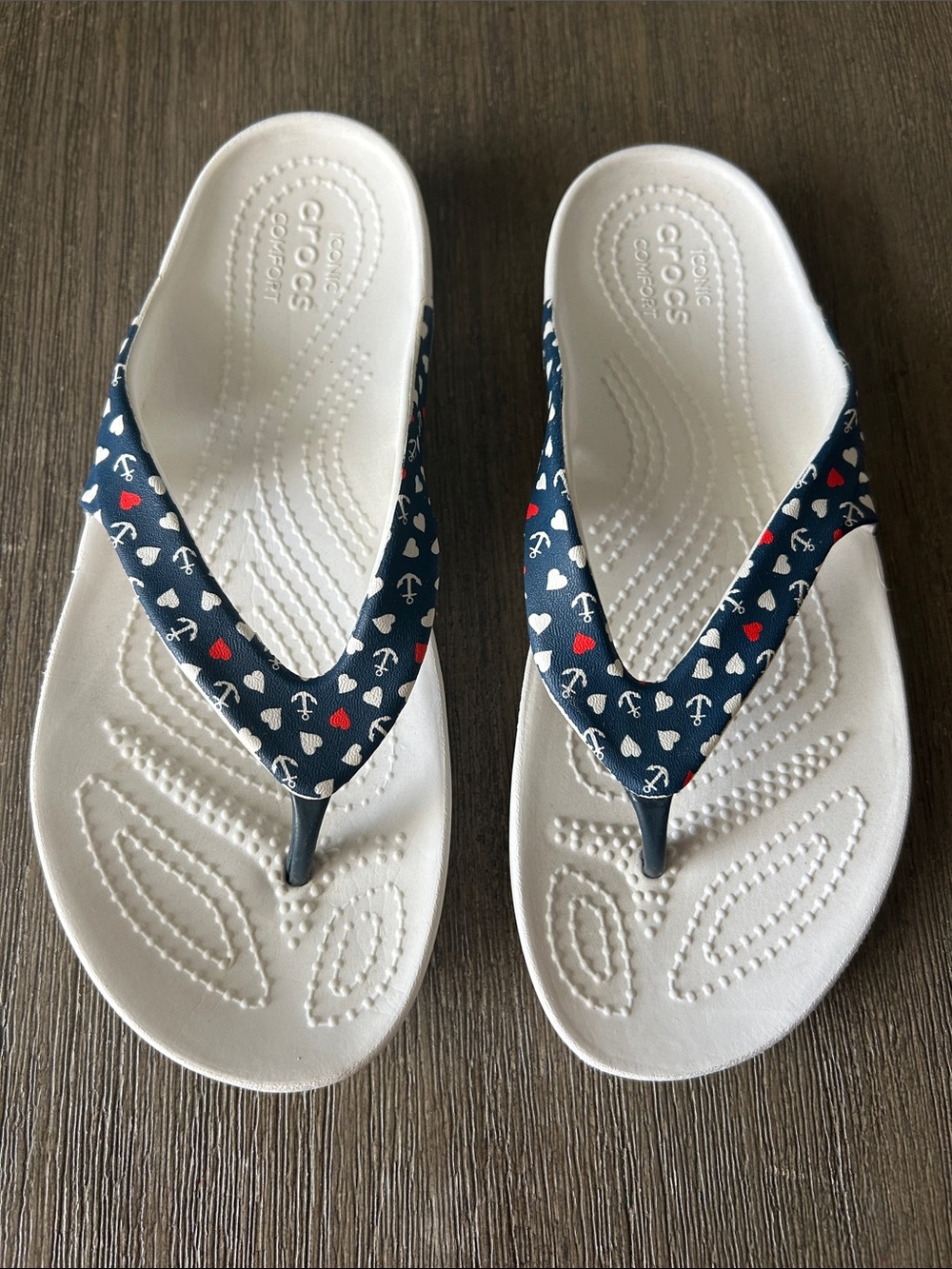 Kids  CROCS  Kadee II Navy Anchor-Print Flip Flops, Sz. W5, Gently Used.